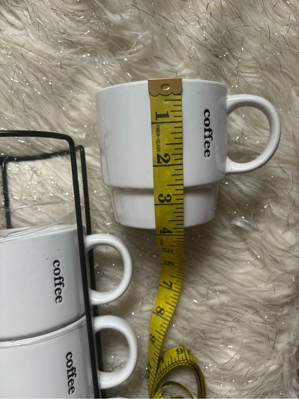 Coffee Break Signature White 'coffee' Mugs Set with Black Metal Rack